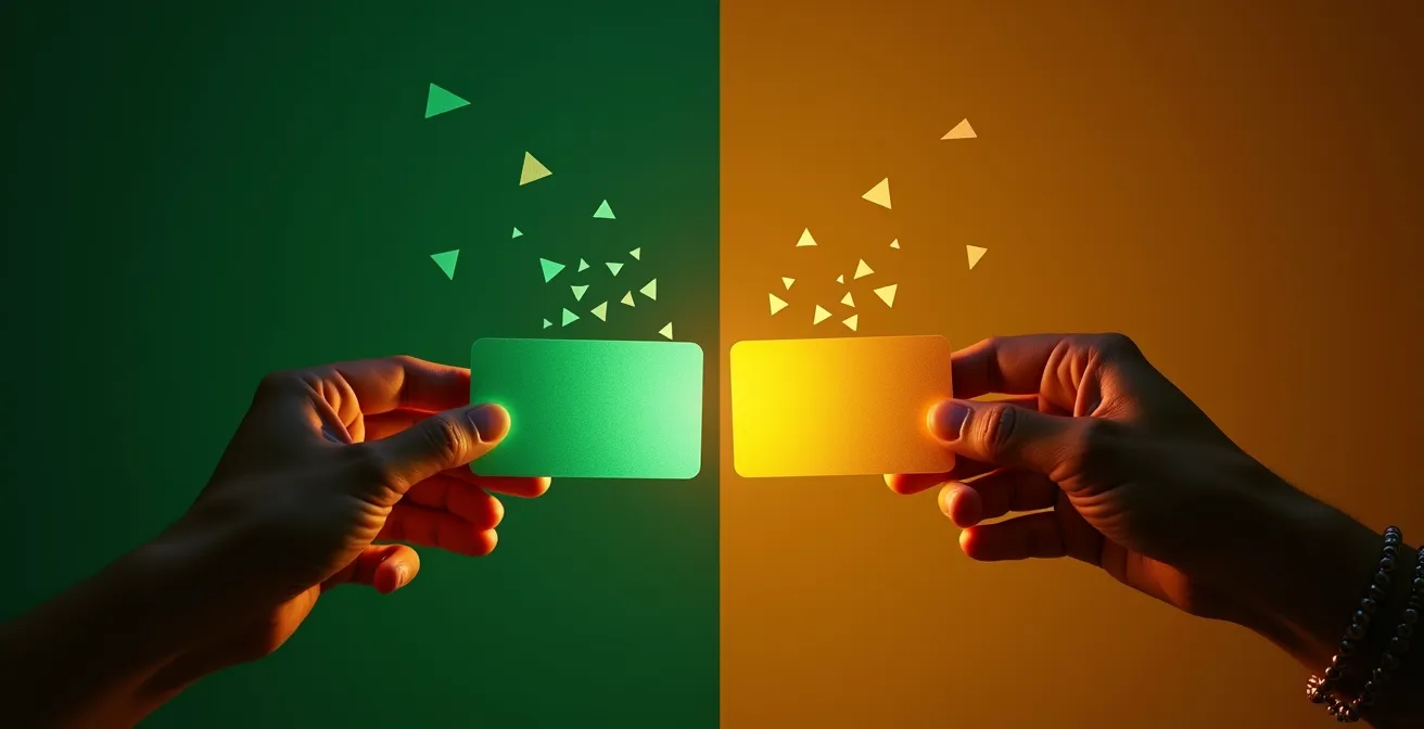 Split-screen visualization showing contrasting payment experiences with abstract security shield elements