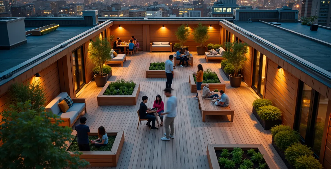 Diverse residents socializing at a rooftop gathering space with plants and seating areas