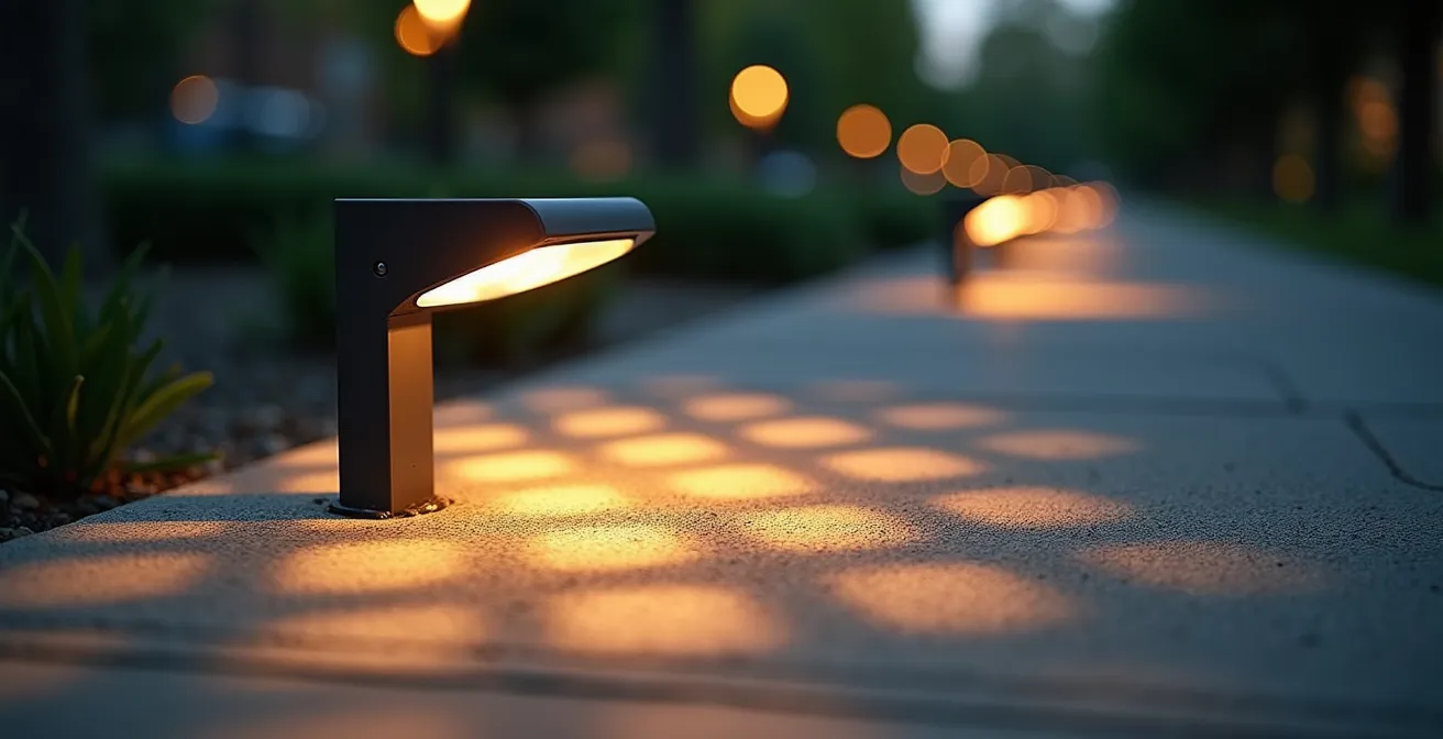 Well-lit apartment complex entrance and pathways at dusk showing safe pedestrian areas