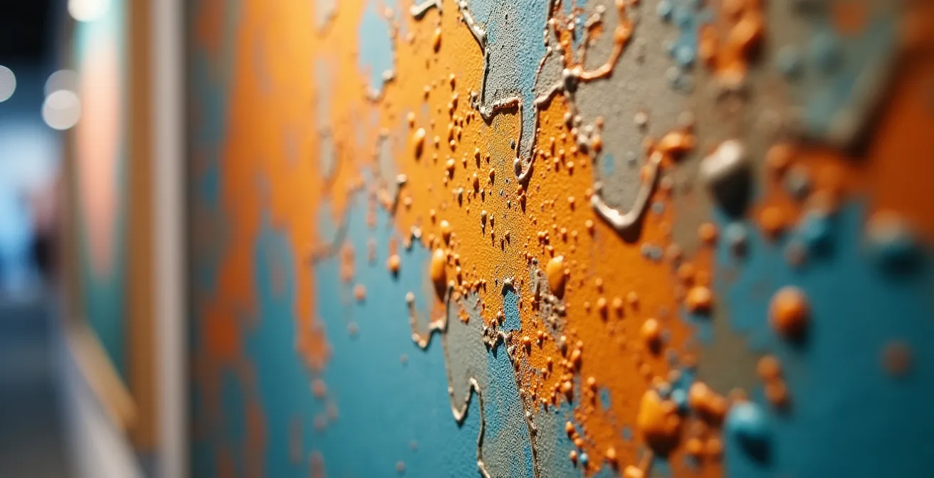 Close-up view of emerging artist's cohesive exhibition display at graduate show