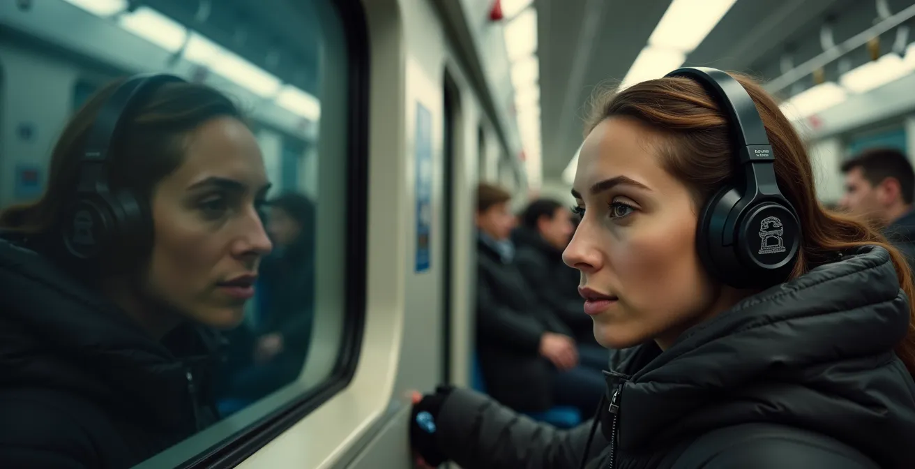 A split-image showing a traveler's reflection wearing headphones, looking vulnerable, while their real self is alert with earbuds removed.