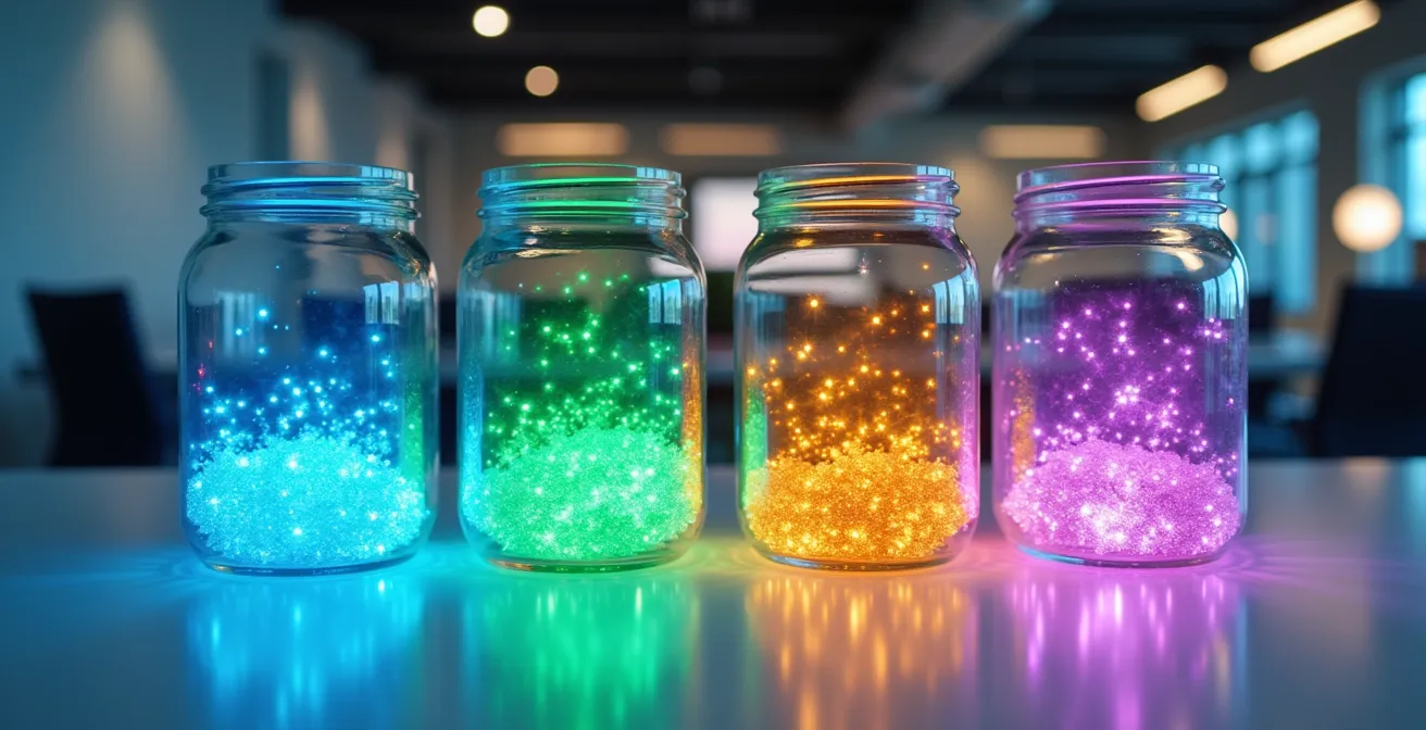 Multiple glass jars containing colorful abstract financial data representations floating above a modern desk