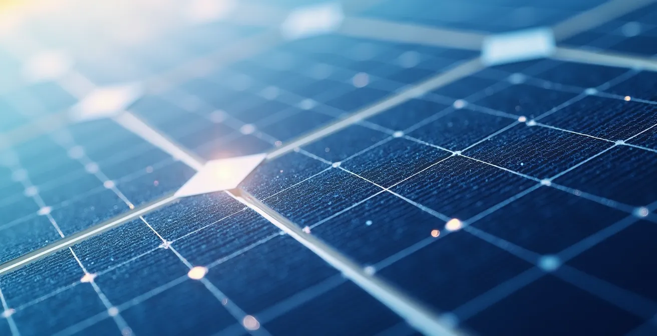 Close-up macro view of bifacial solar panel surface showing light reflection patterns from clouds