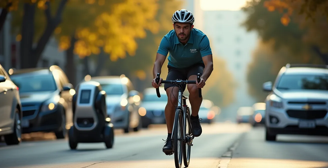 Side-by-side comparison of bike courier weaving through traffic while autonomous delivery robot follows sidewalk path