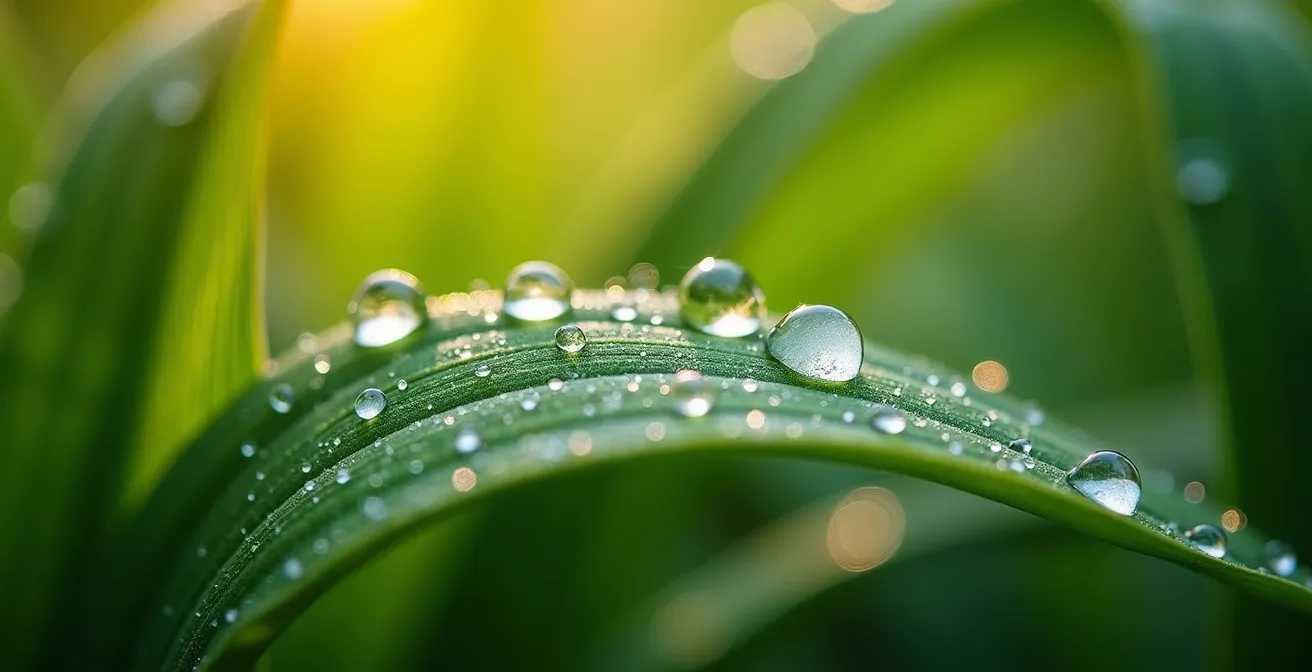 Macro shot of green leaves with morning dew reflecting light patterns