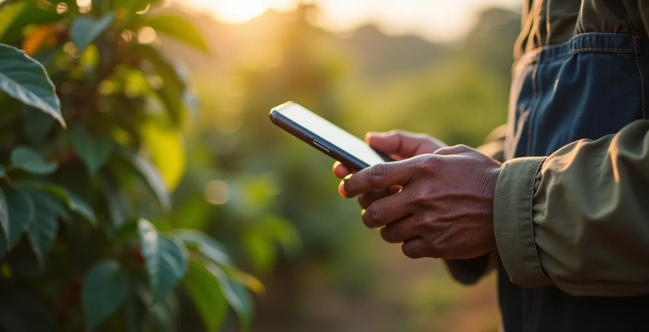 Coffee farmer checking smartphone in plantation with selective focus on hand