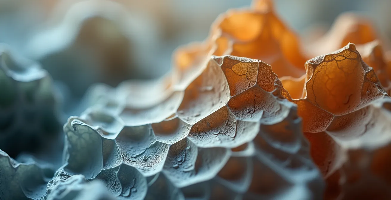 Extreme close-up of stress patterns in workplace environment