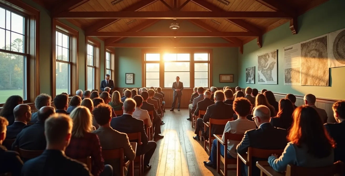 Wide shot of community members gathered in town hall discussing broadband expansion plans