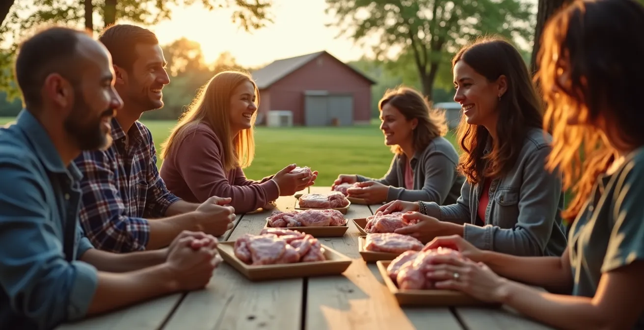 Neighbors gathering around outdoor table dividing meat shares in rural setting