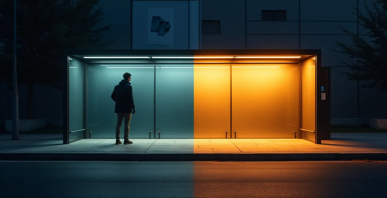 Environmental design elements for safer bus stops, showing a contrast between a dark, enclosed shelter and a bright, open one.