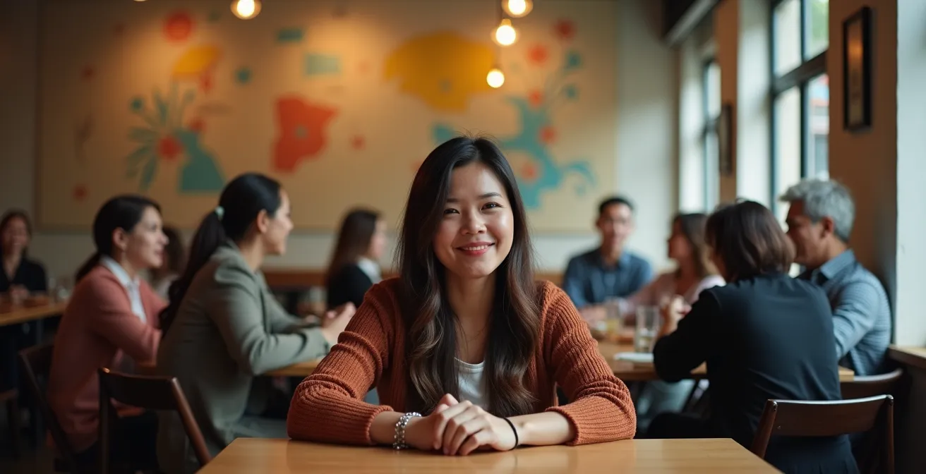 Person balancing between two social circles representing expat and local communities