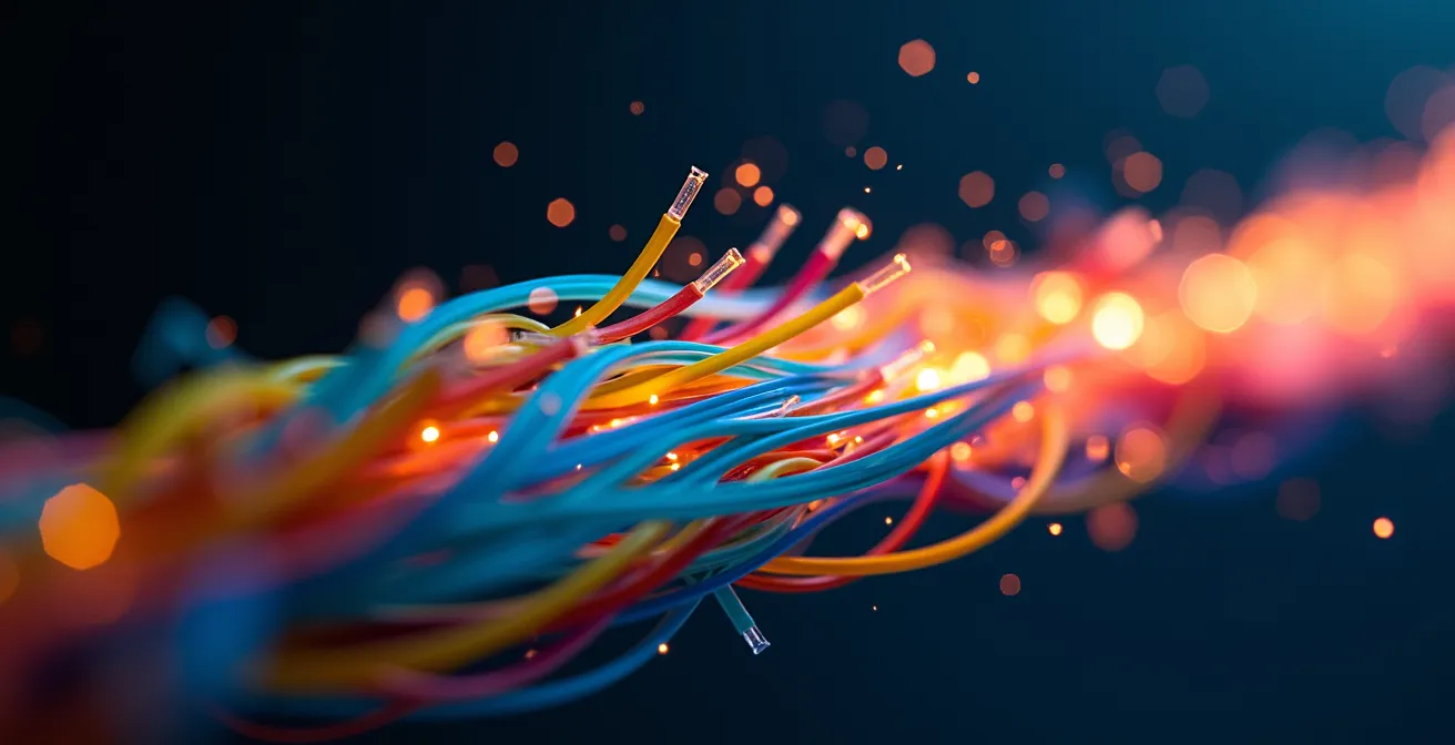 Abstract visualization of data flow and transformation during platform migration, showing tangled lines becoming organized.