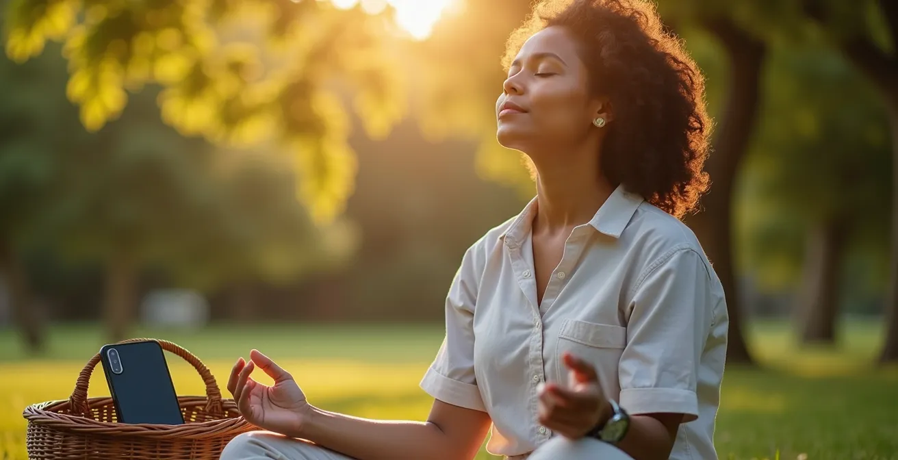 Person in nature with technology safely stored away but accessible for emergencies