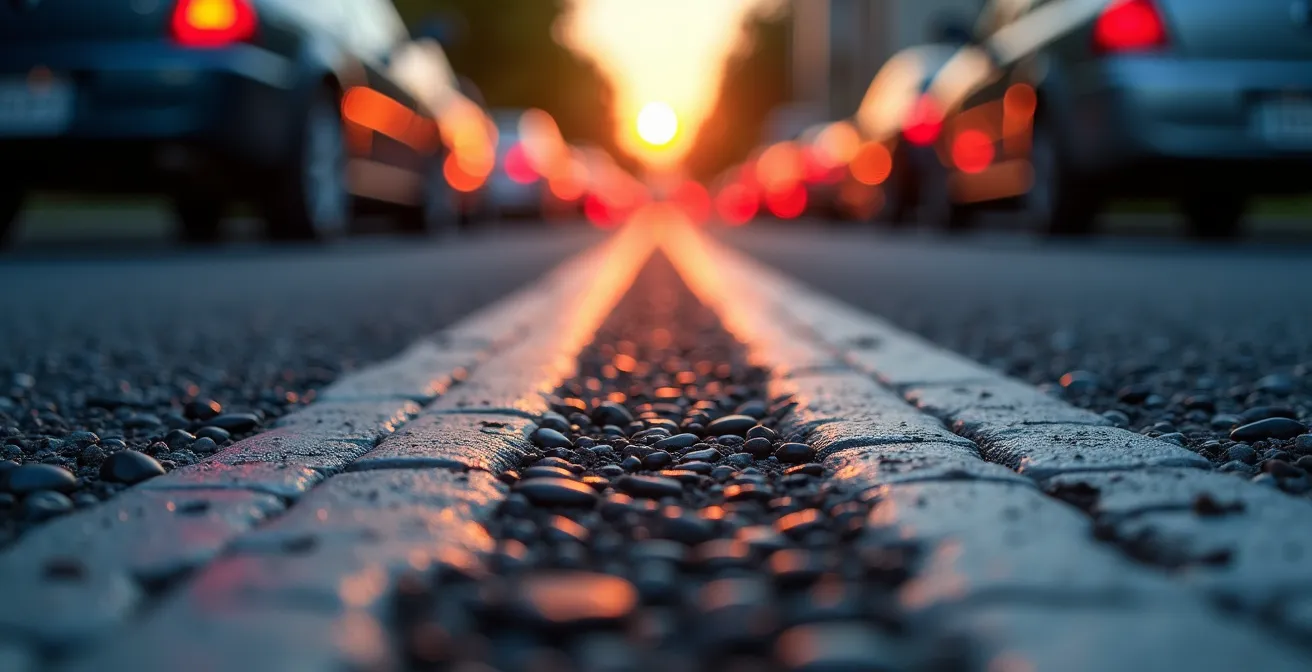 Macro close-up shot of congested street with delivery van double-parked creating ripple effect of slowed traffic