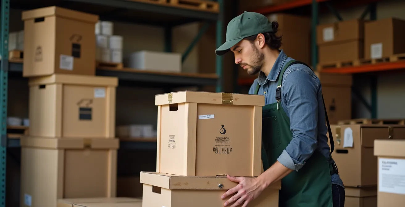 An organized coffee shop storage area with consolidated deliveries being arranged, showcasing efficient logistics.