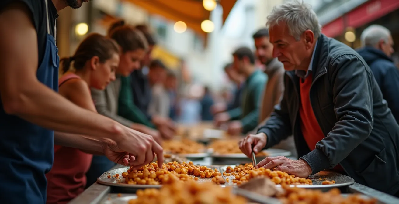 Busy local street food market in Europe with diverse crowds and authentic food stalls