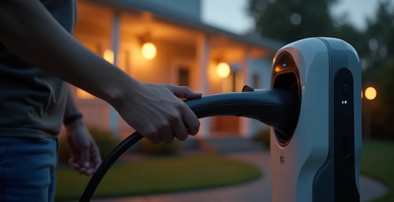 Electric vehicle connected to home charging station during evening hours