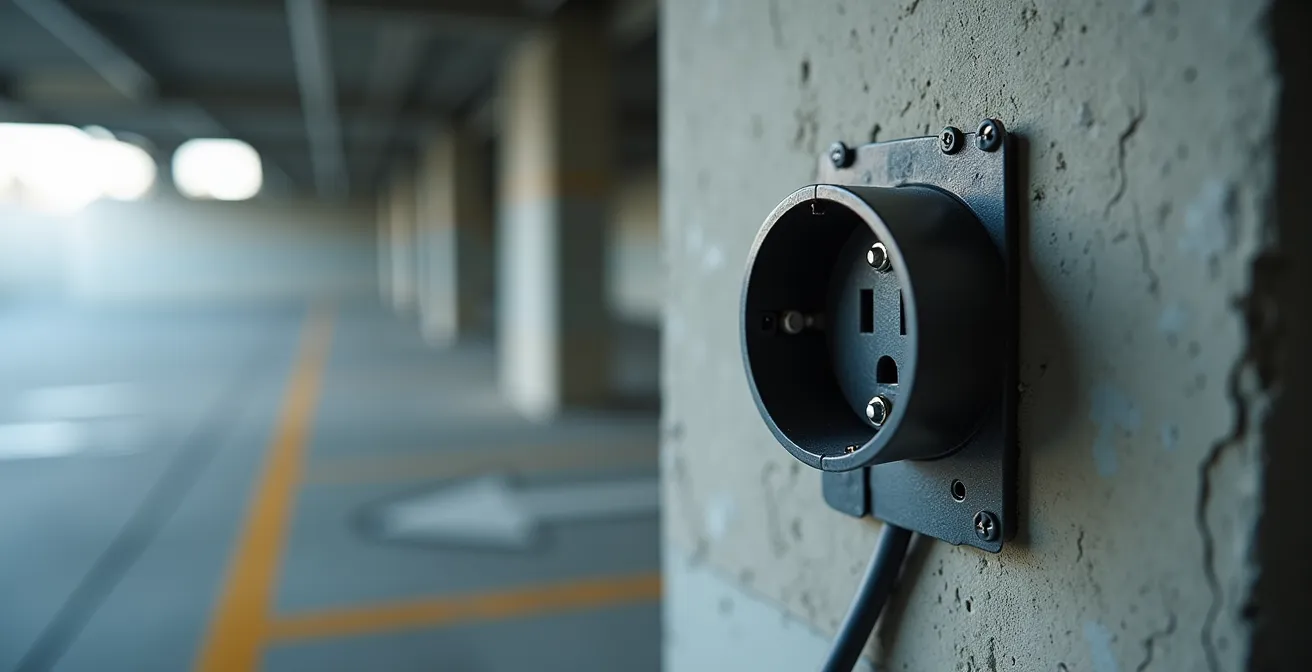 Close-up view of 240V outlet installation in parking garage for EV-ready infrastructure
