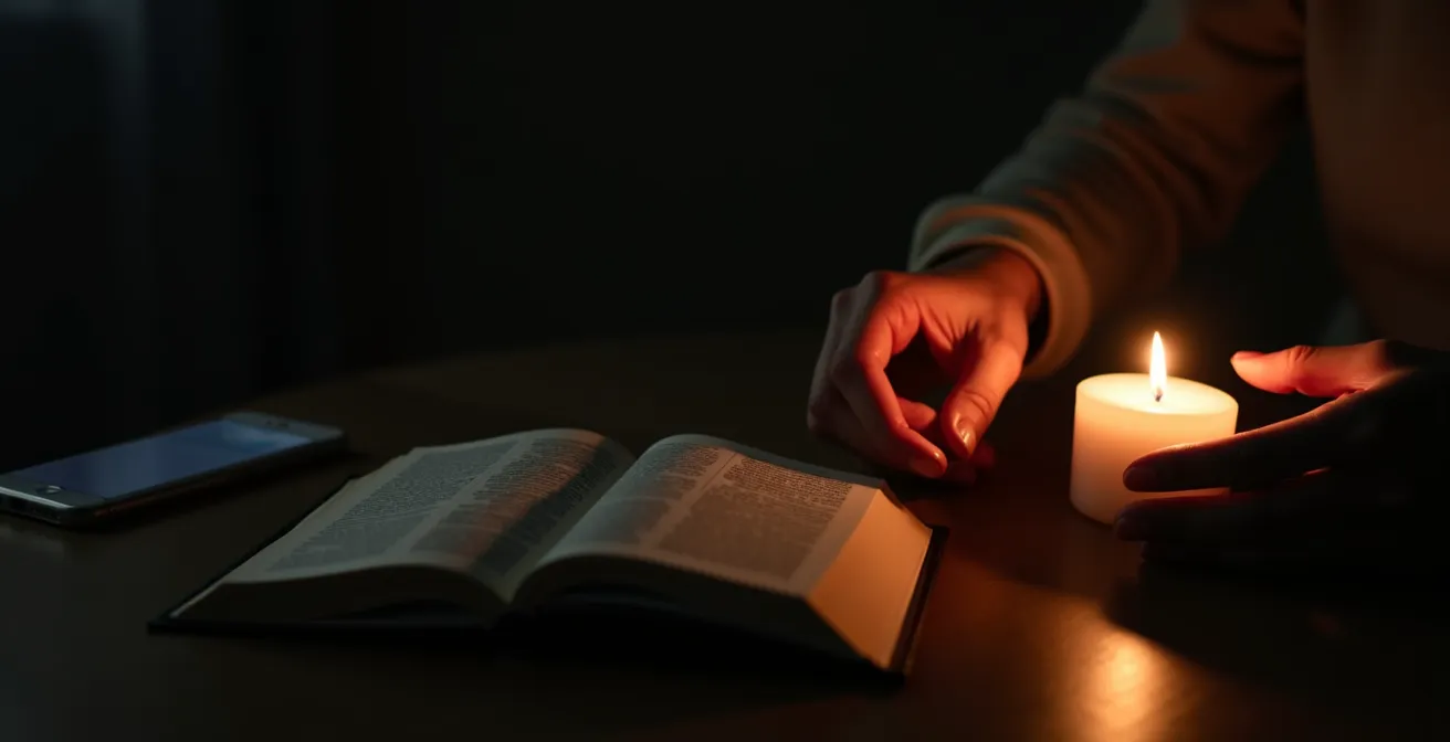 Peaceful bedroom scene with book, candle, and phone placed far away for healthy sleep hygiene