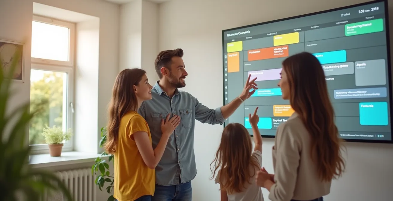 Family reviewing shared digital calendar on wall-mounted display