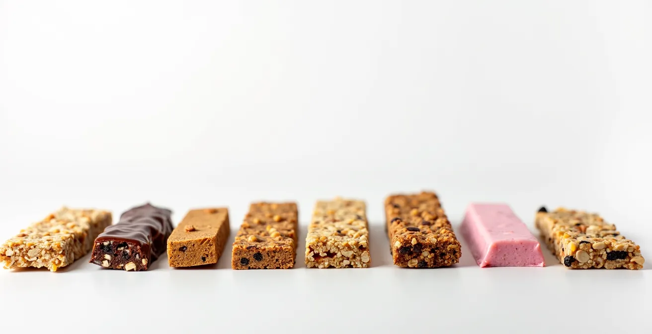 Minimalist arrangement of health food packages shown from side angle revealing sugar content
