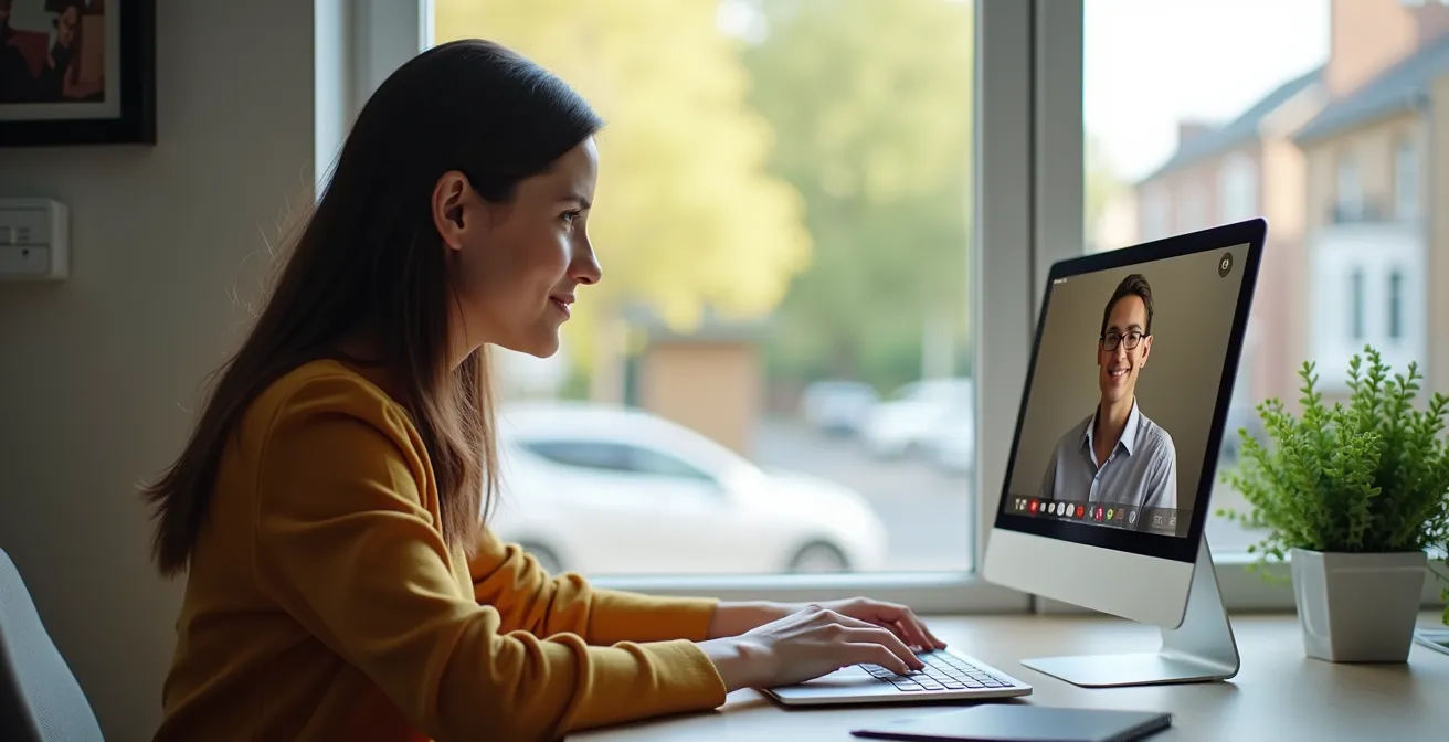 Modern home office with person in video conference, subtle tech infrastructure visible through window