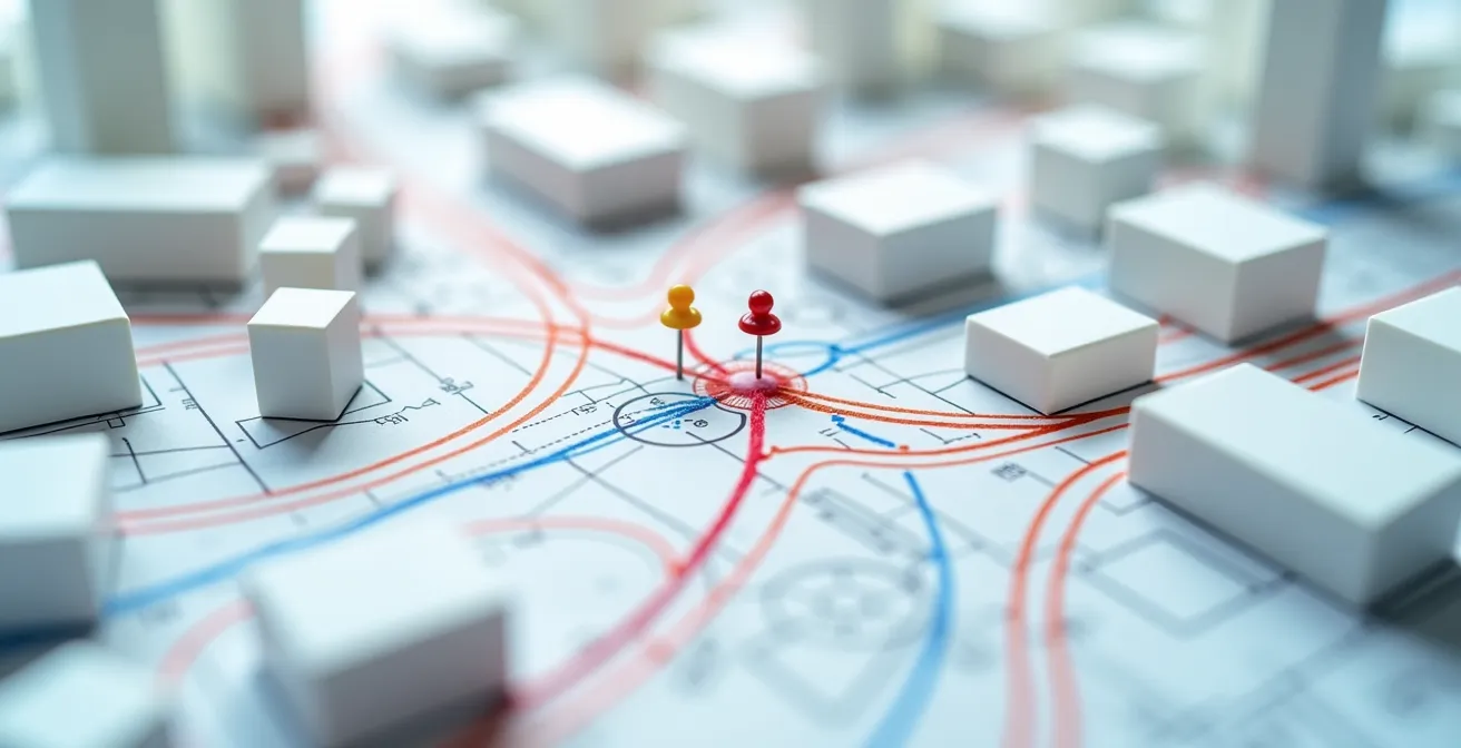 Aerial view comparing two efficient driving route patterns in an urban environment