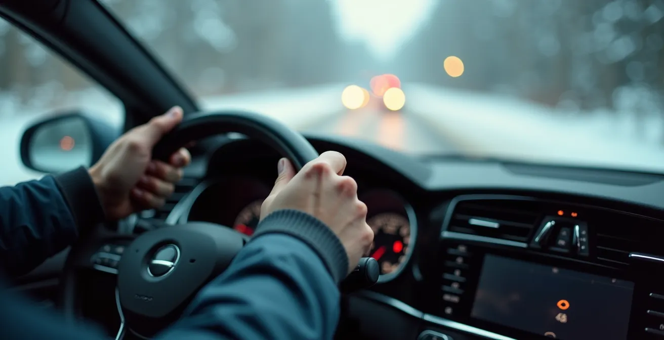 Driver's hands hovering over vehicle controls on icy road conditions