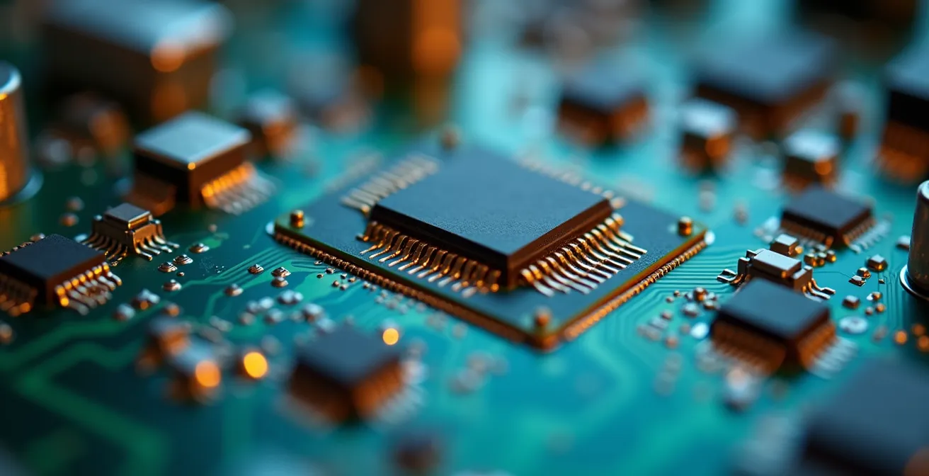 Macro photography showing IoT device circuit board details representing security vulnerabilities
