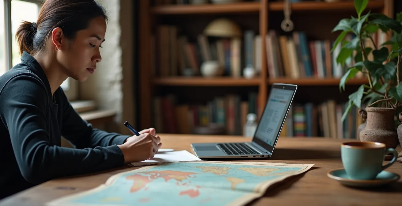 Person researching hotel ownership on laptop with documents