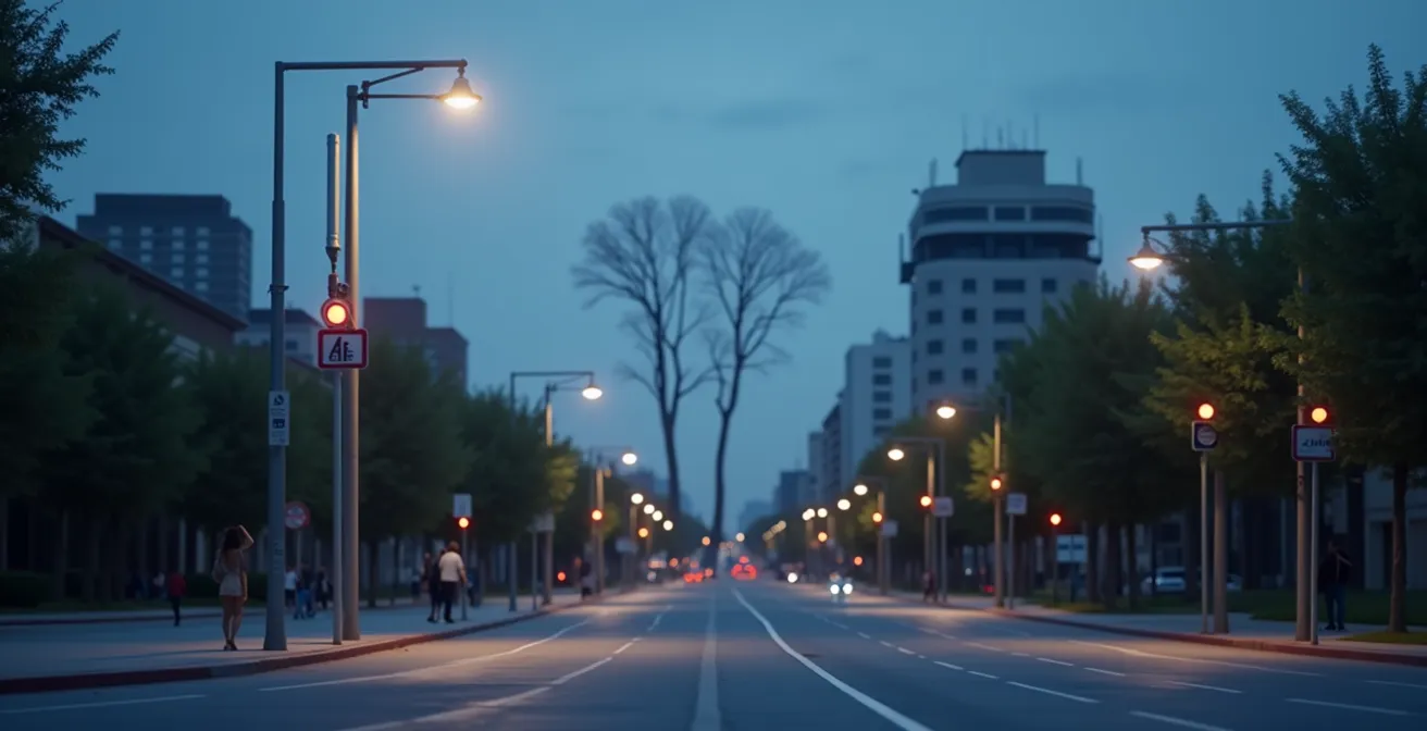 Urban street showing disguised small cell on lamp post and distant macro tower