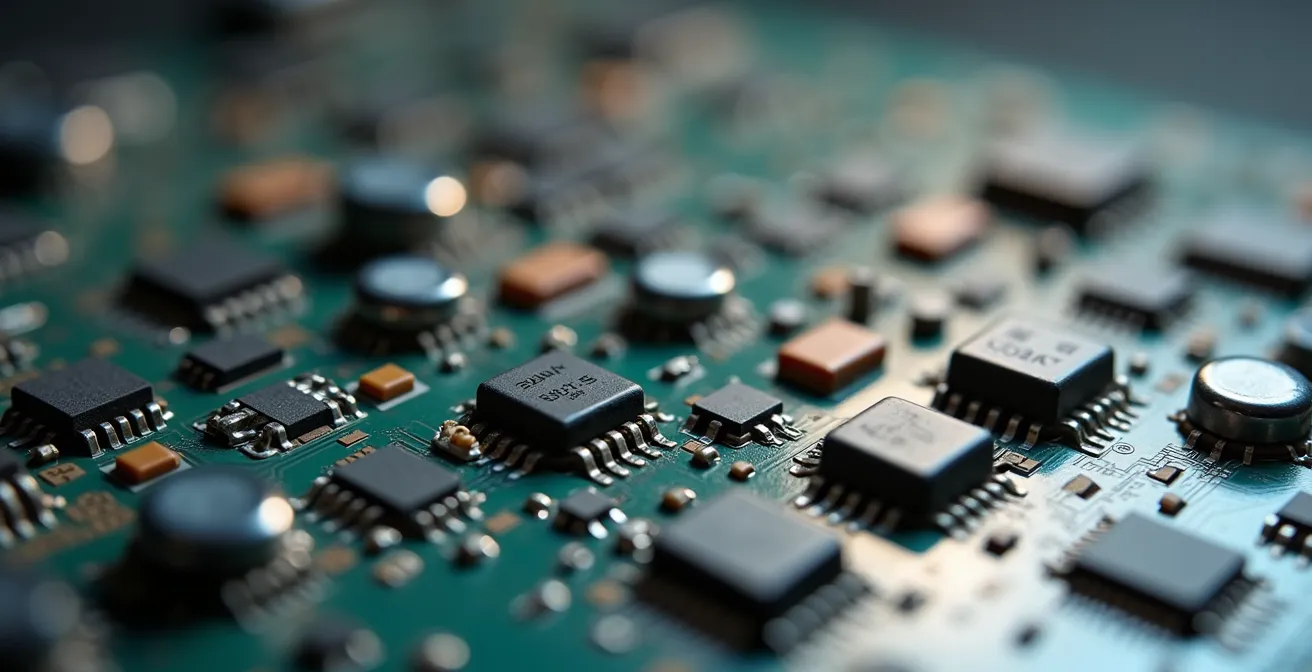 Extreme close-up of salvaged electronic components being sorted for reuse