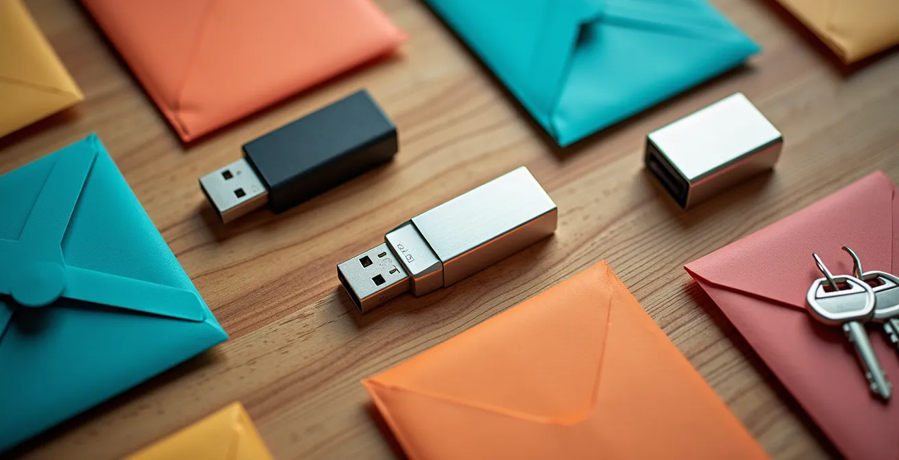 Overhead macro shot of organized business continuity tools and backup systems arranged on desk surface