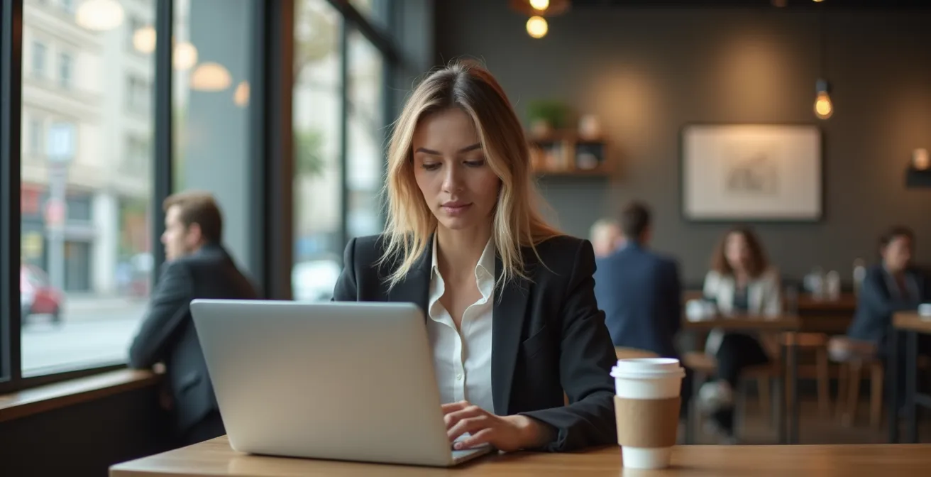Professional doing quick volunteer tasks on laptop during coffee break