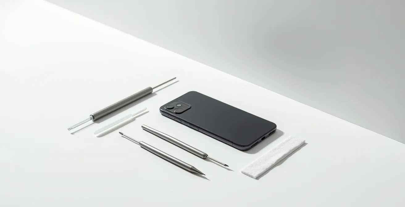 Clean minimal workspace showing phone maintenance tools arranged systematically