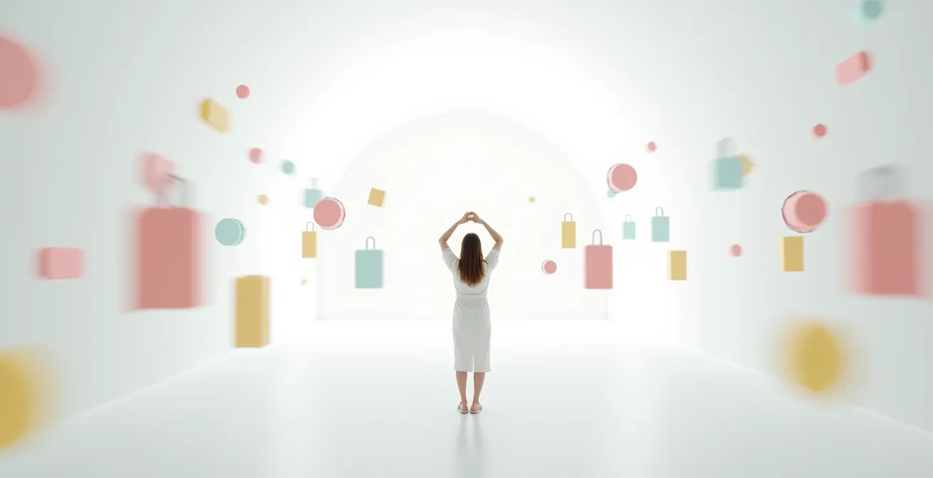 Wide angle view of a person surrounded by floating, abstract product images in a minimalist digital space.