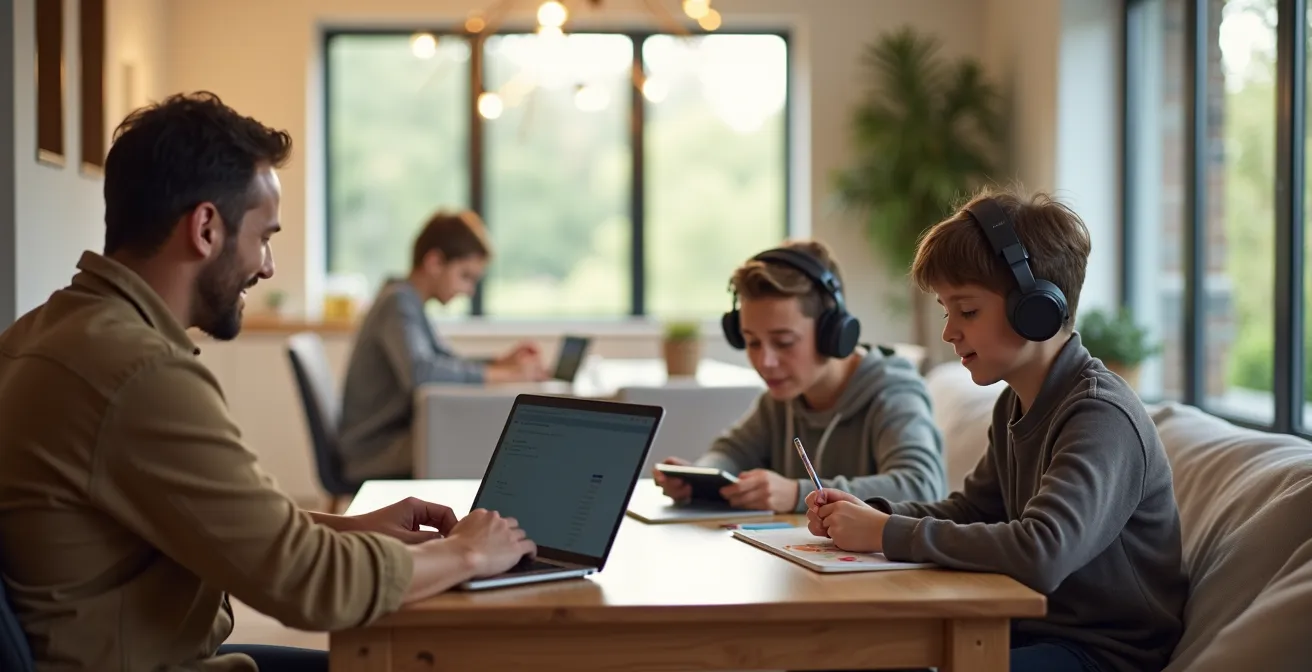 Family members engaged in different digital activities throughout a modern home interior