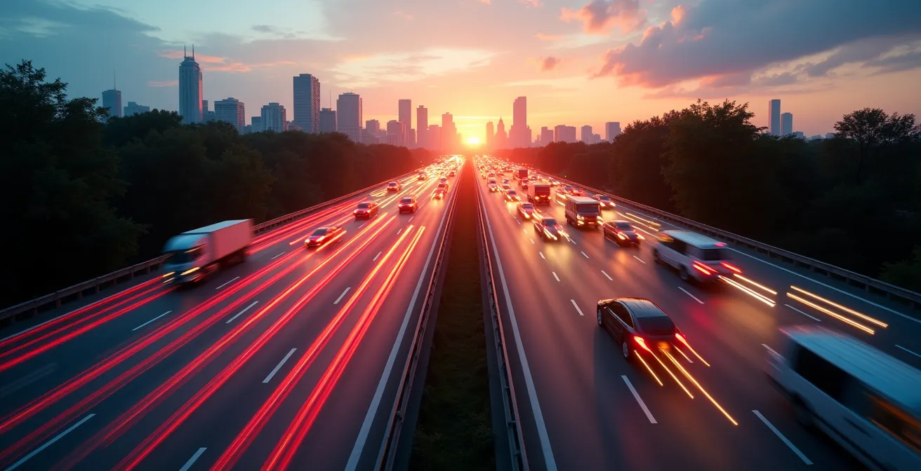 Time-lapse photography showing traffic flow patterns on highway during different morning hours