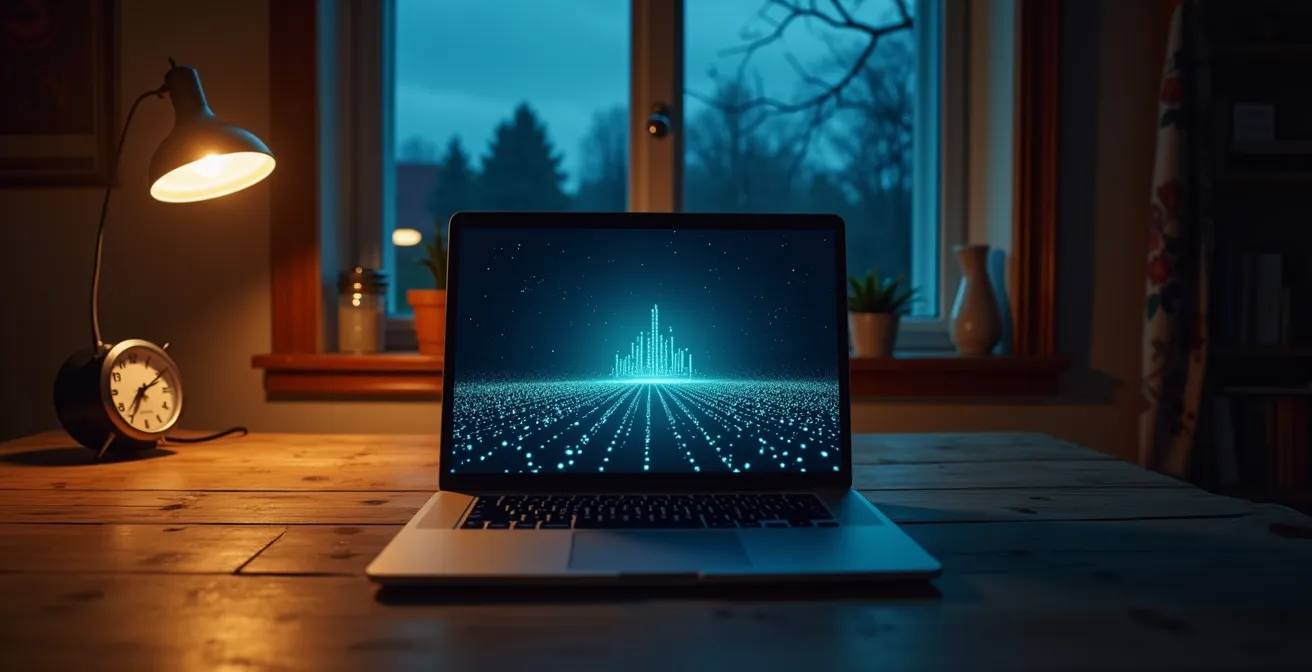 Close-up of downloading progress bars on computer screen at night with rural home interior