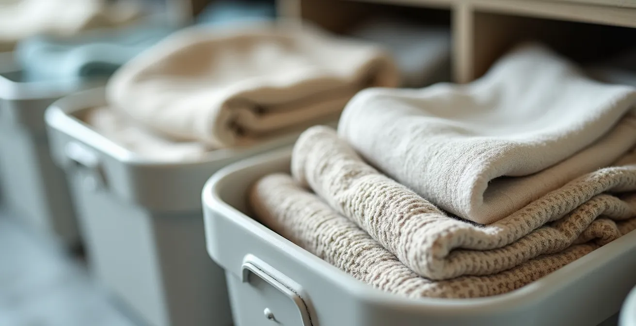 Organized laundry room with sorting bins and efficient batching system