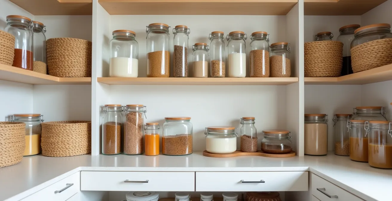 Well-organized pantry with labeled storage containers and inventory system