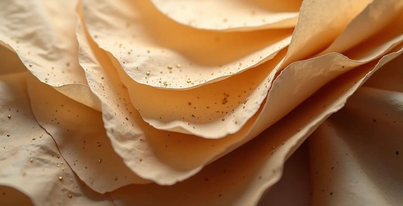 Extreme close-up of premium paper textures, including brown kraft paper and twine, with dramatic lighting.