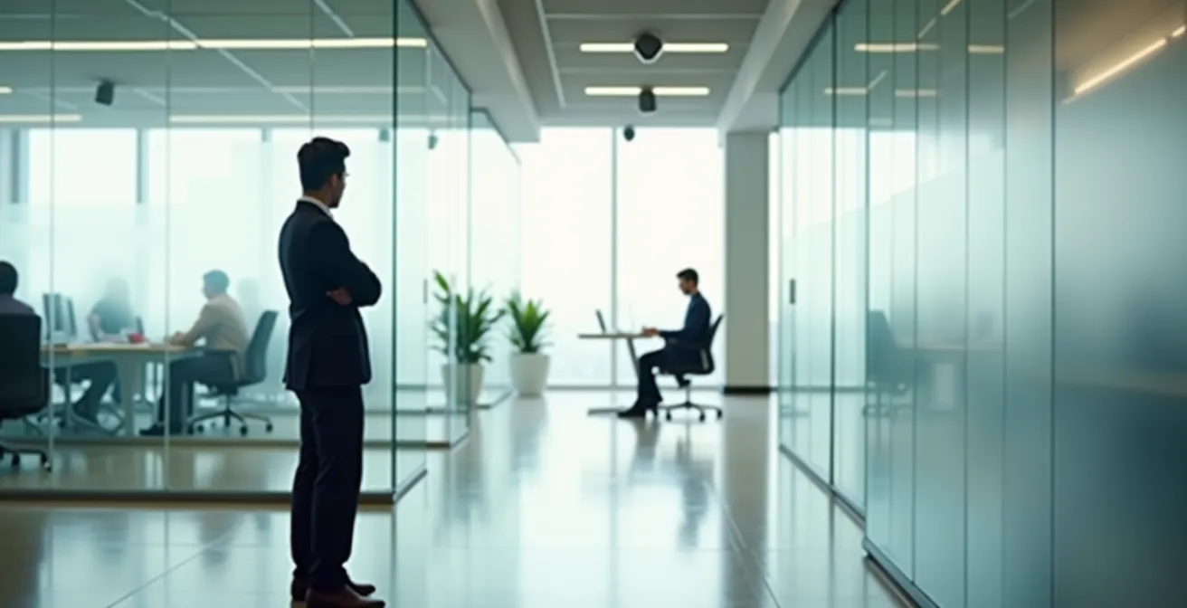 Modern office with glass partitions illustrating professional boundaries and appropriate workplace interactions.