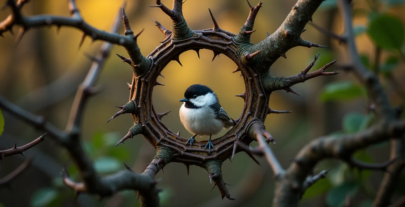 Dense thorny hawthorn shrub creating natural bird shelter with small songbird safely nestled inside