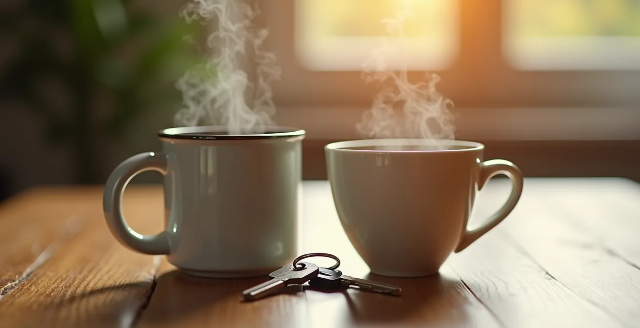 Close-up of a home coffee mug next to a travel mug, symbolizing the balance between remote and office work for mental health.