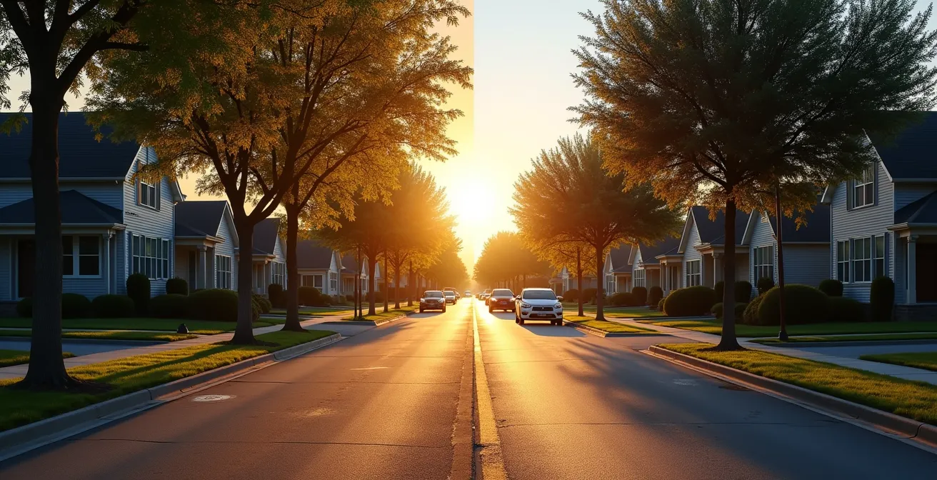 Split-view showing peaceful residential street today versus projected future with warehouse and delivery traffic