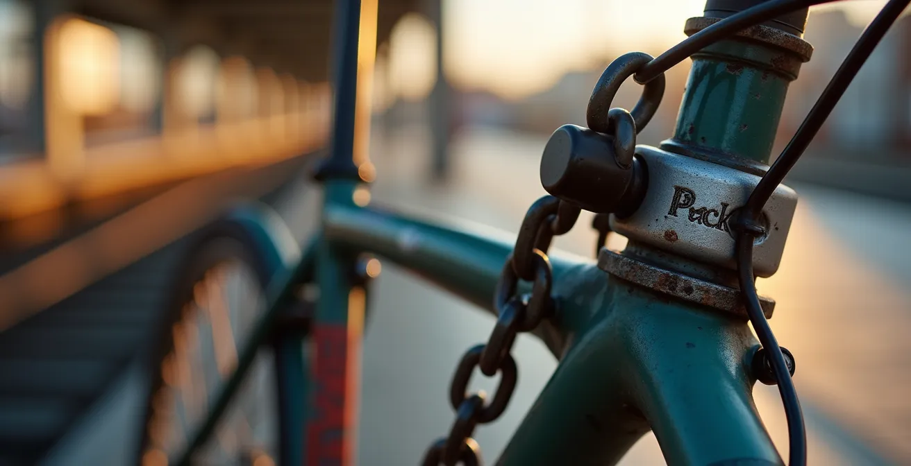 Close-up of proper bike locking method with dual locks at transit station