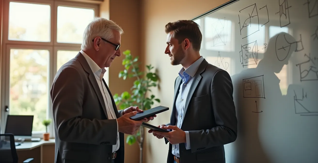 Two professionals of different ages engaged in collaborative learning at a whiteboard