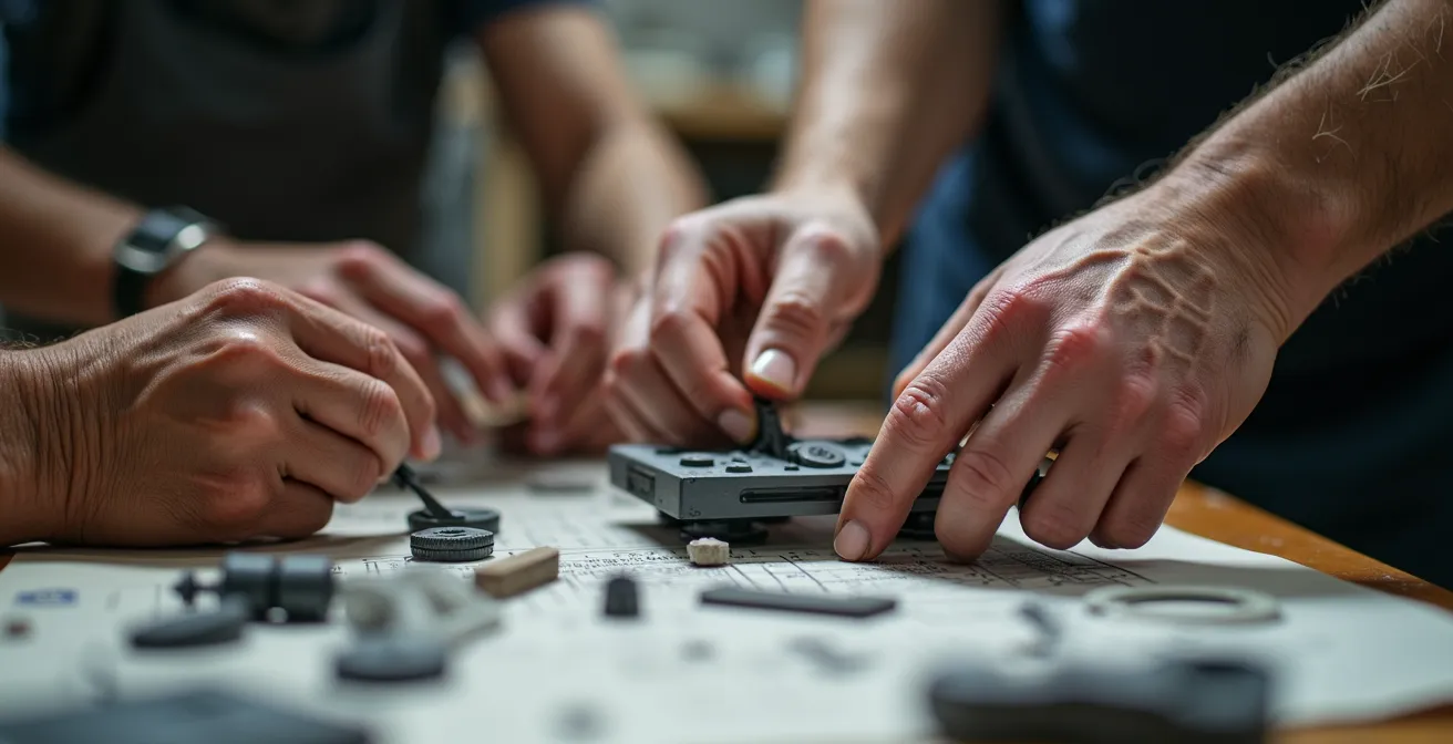 Close-up of diverse hands working together on a project prototype