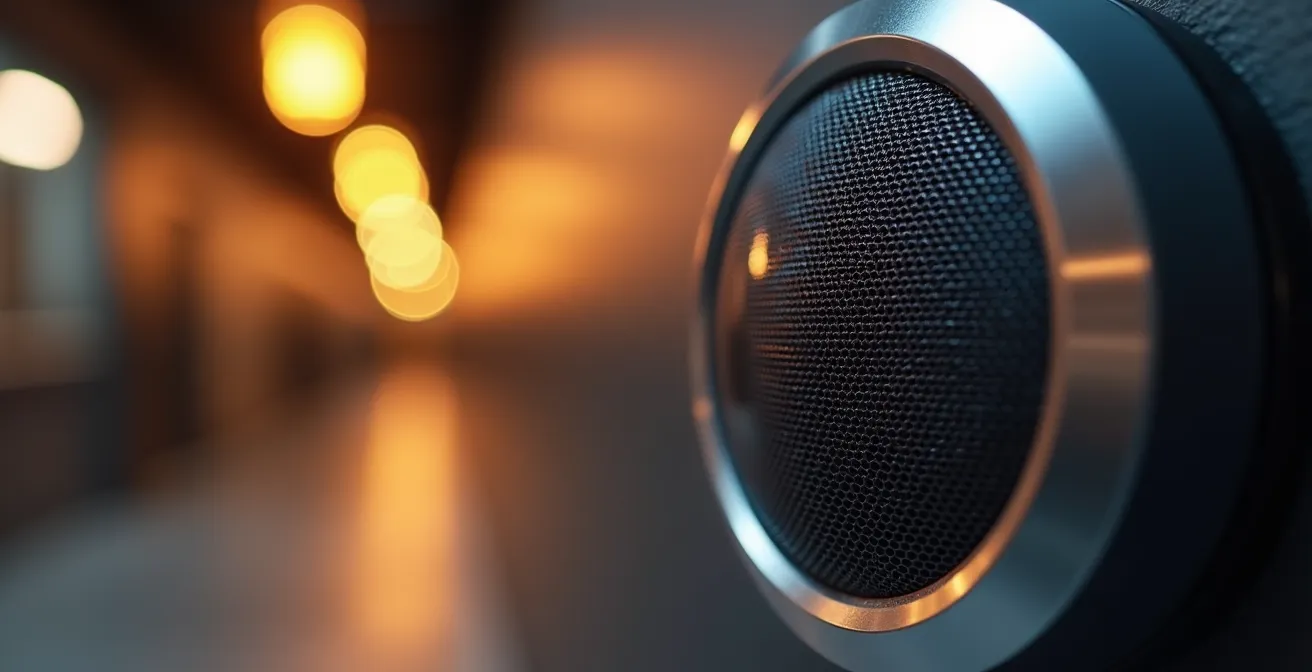 Softly illuminated hallway with motion-activated pathway lighting leading from bedroom to bathroom